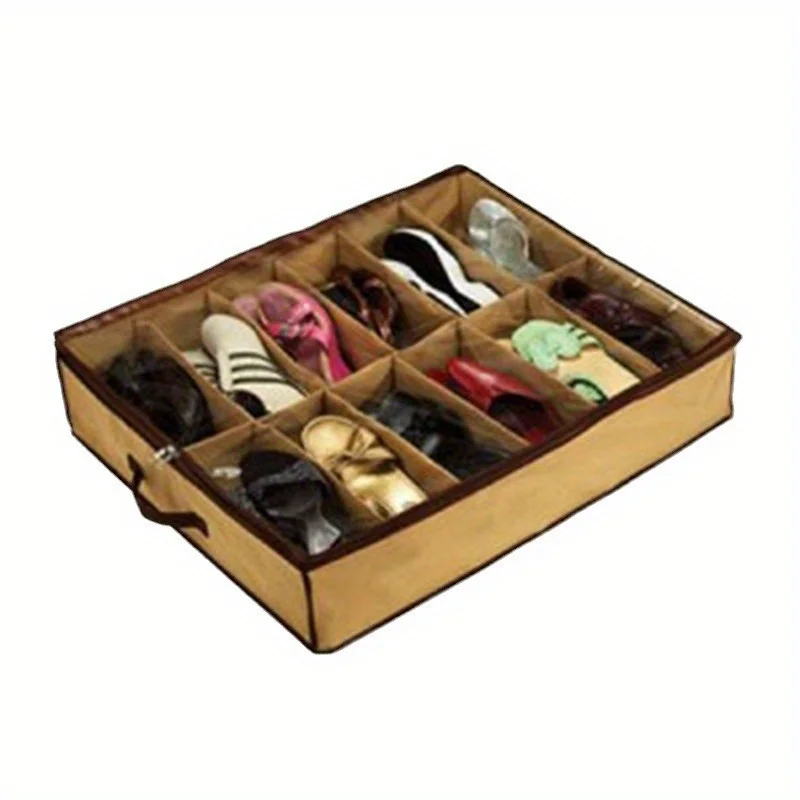 Under Bed Shoe Organizer with 12 Transparent Compartments - Dustproof & Moisture-Proof Storage Solution for Home Organization