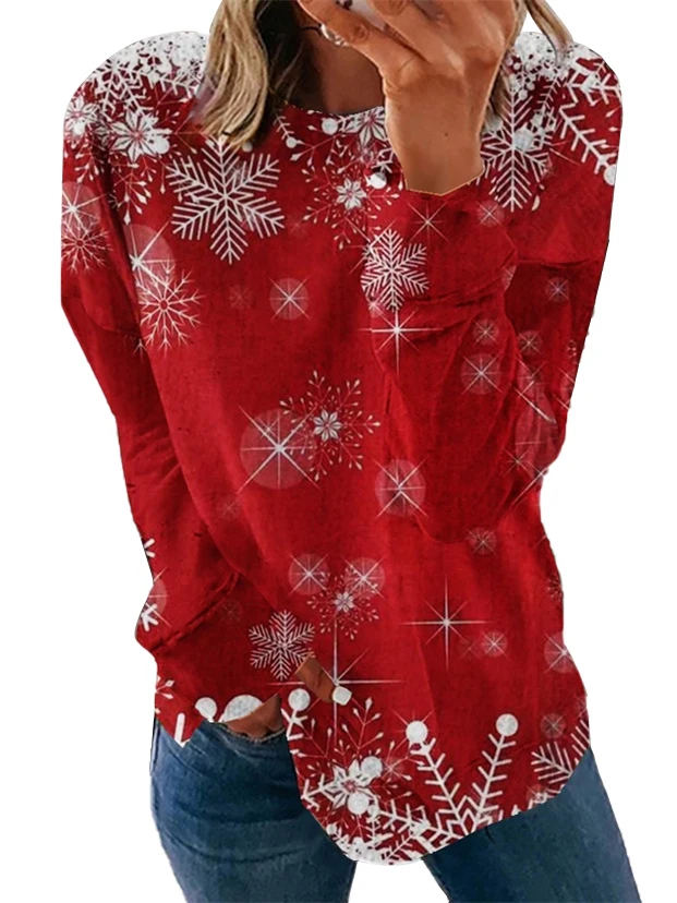 Top de manga larga con cuello redondo para mujer, estampado Floral navideño, talla grande