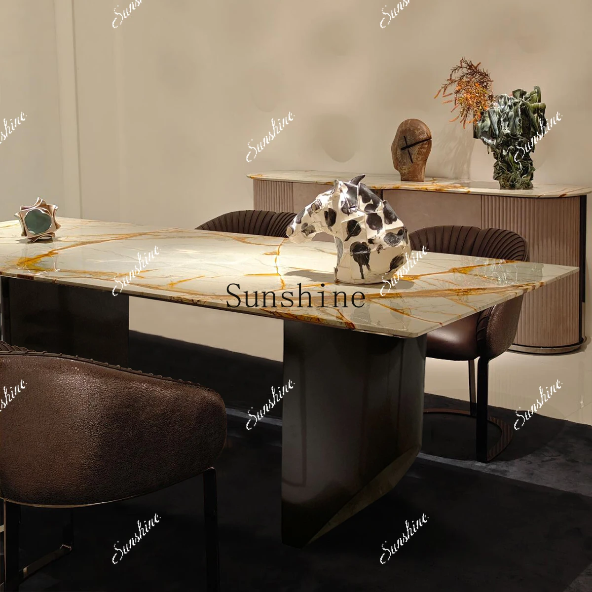 

Natural luxury stone dining table rectangular high-end pure natural household chair simple and modern FT