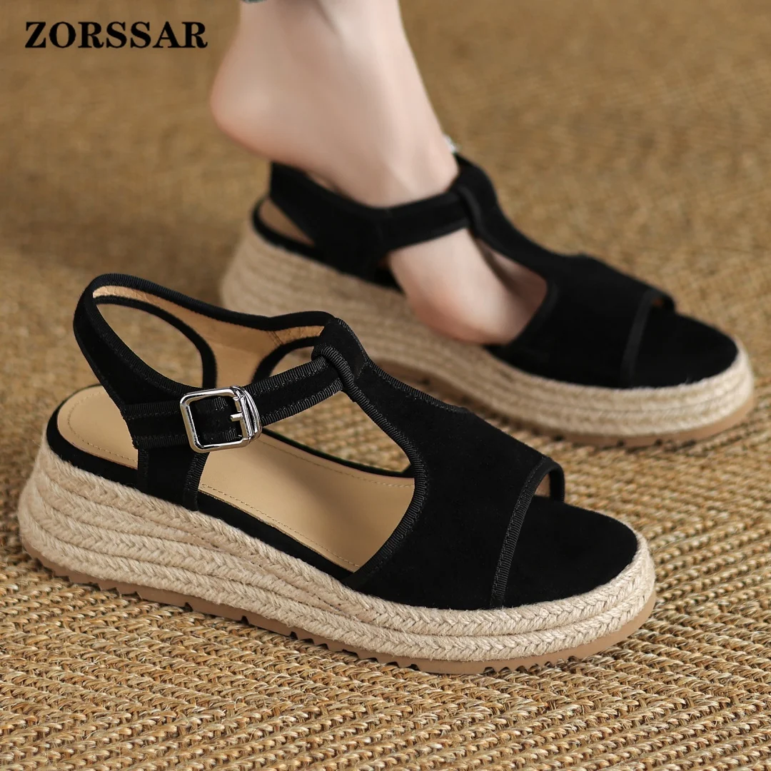 

Women's Natural Suede Leather Bordered T-strap Peep Toe Slingback Sandals 6cm Hemp Wedge High Heel Platform Summer Pumps Shoes