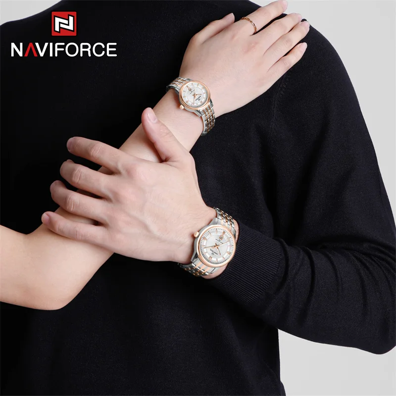 NAVIFORCE, nuevos relojes de lujo para pareja, reloj de pulsera de cuarzo luminoso resistente al agua informal, reloj con correa de acero inoxidable para hombre y mujer