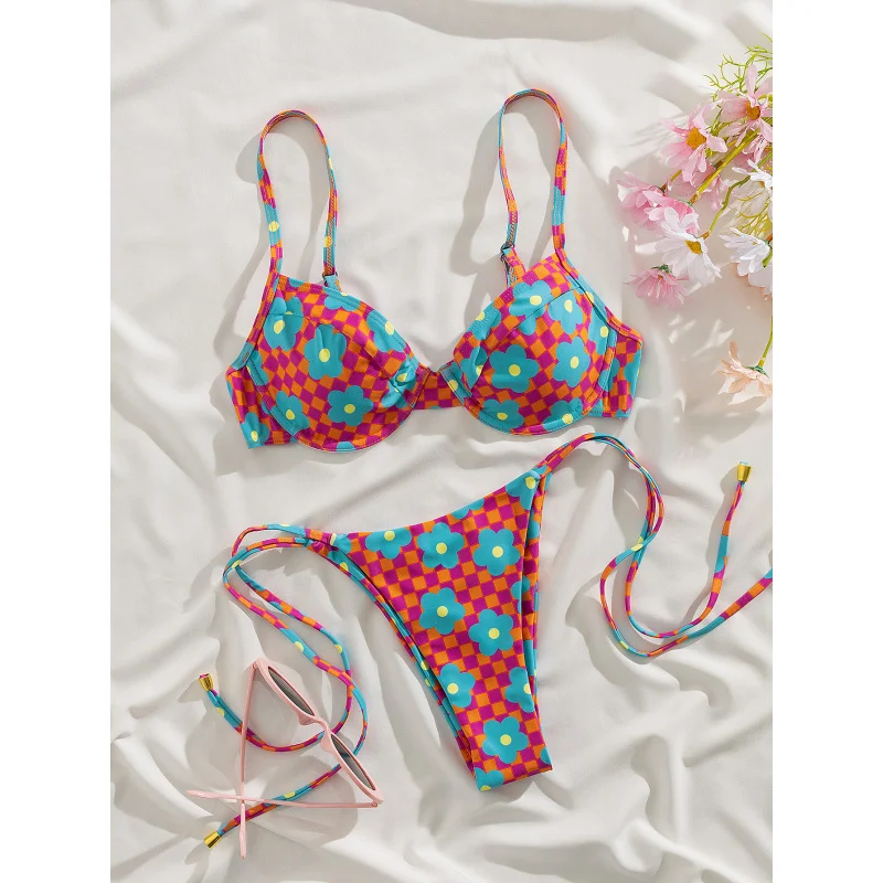 Nouveau sac souple imprimé à armatures, sangle fine réglable, décor en métal, ensemble de Bikini de fête élégant à lacets