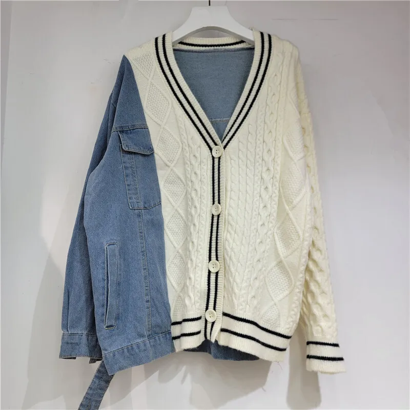 2024 Autumn New Knitted Stitching Denim Cardigan Jacket Women Casual Loose V-neck Single-breasted Long-sleeve Female Cowboy Coat