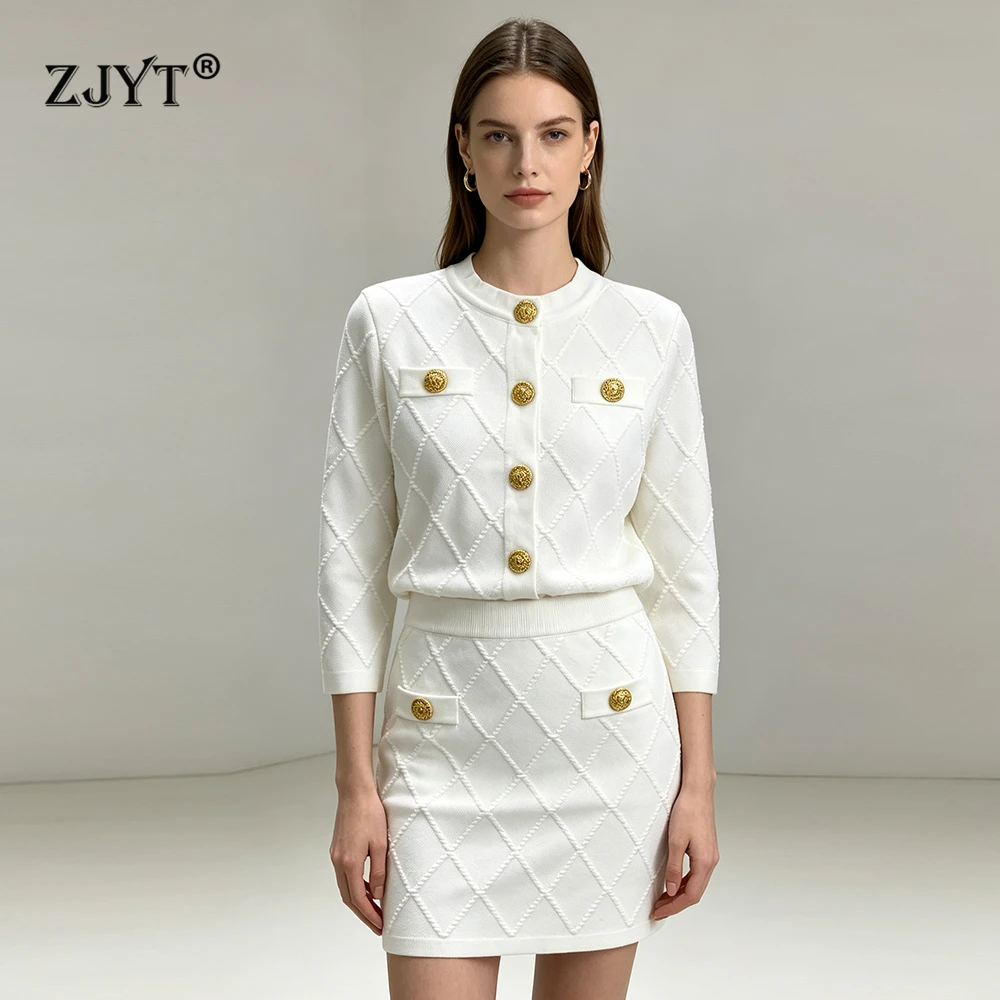 ZJYT Autumn New Knitted Cardigans Sweater Women 2026 Fashion Plaid Pattern Jacquard Knit Tops Female Jumper Mujer White Knitwear