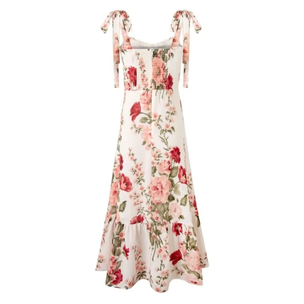 Robe mi-longue de style français rétro pour femmes avec imprimé de fleurs roses et rouges, ourlet à volants, robe de plage, robe de vacances, précieux, éducatif