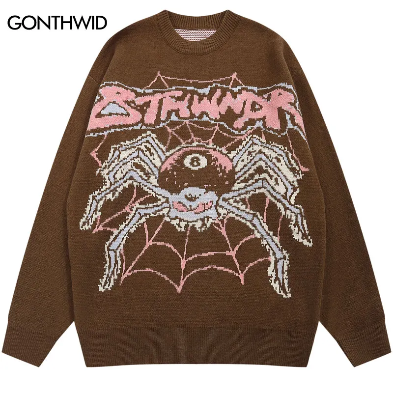 Men Knitted Sweater Y2K Streetwear Hip Hop Spider Pullover Jumpers Sweaters 2023 Autumn Harajuku Fashion Casual Punk Gothic Male