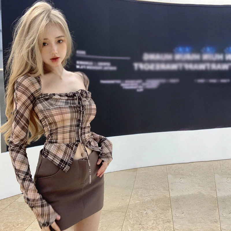 المرأة طويلة الأكمام ساحة الرقبة منقوشة القمم ، بلوزة ، تنوعا ، ضئيلة ، مثير ، موضة ، الخريف #4