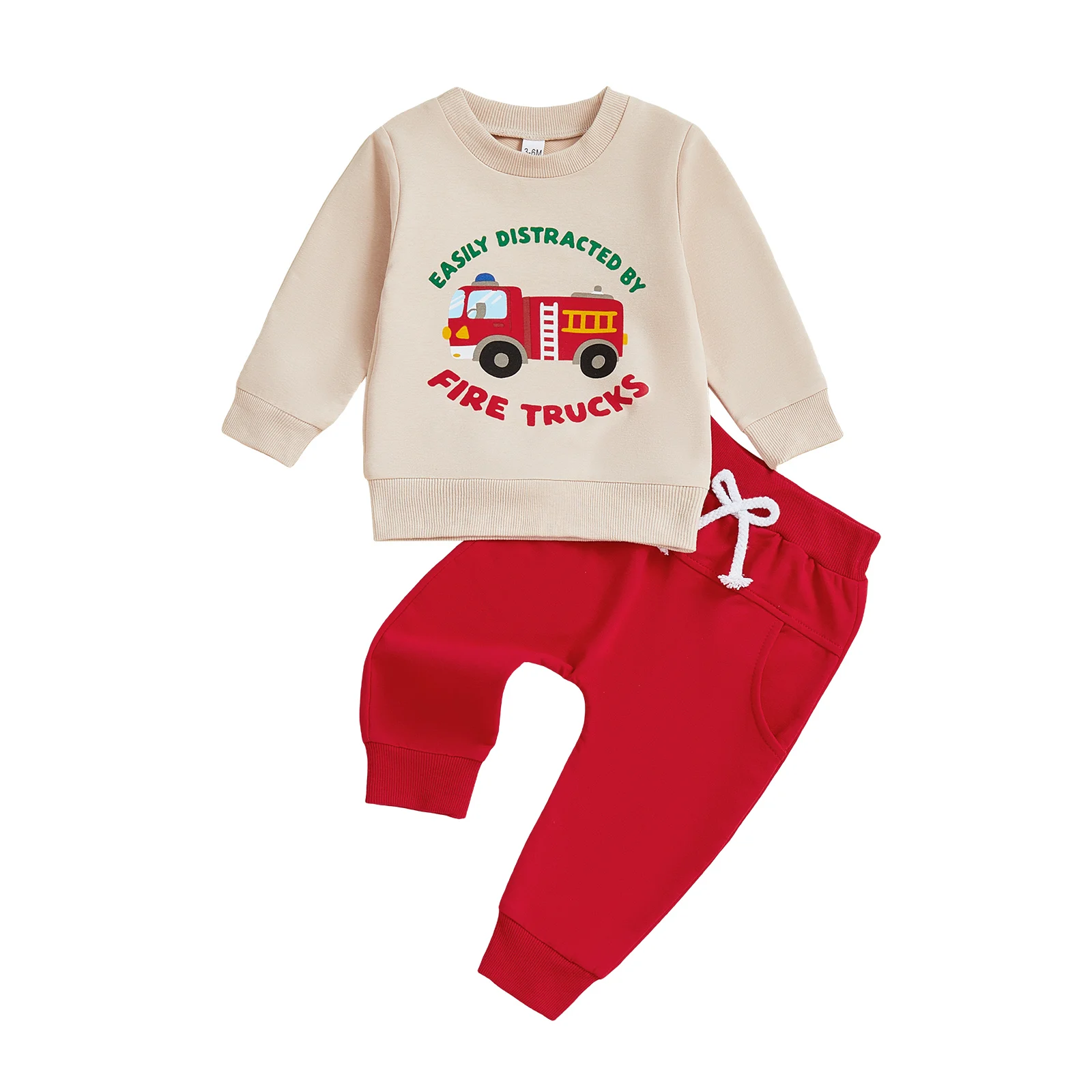 

Toddler Boy Christmas Outfits Fire Engine Print Long Sleeve Round Neck Pullover Elastic Waist Long Pants 2 Pcs Set