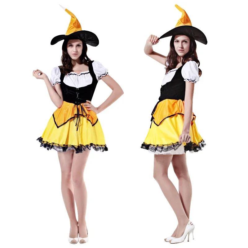 Adult Sexy Witch Costumes With Broom Hat for Women Fantasy Witch Dress Carnival Party Performance Dress Up