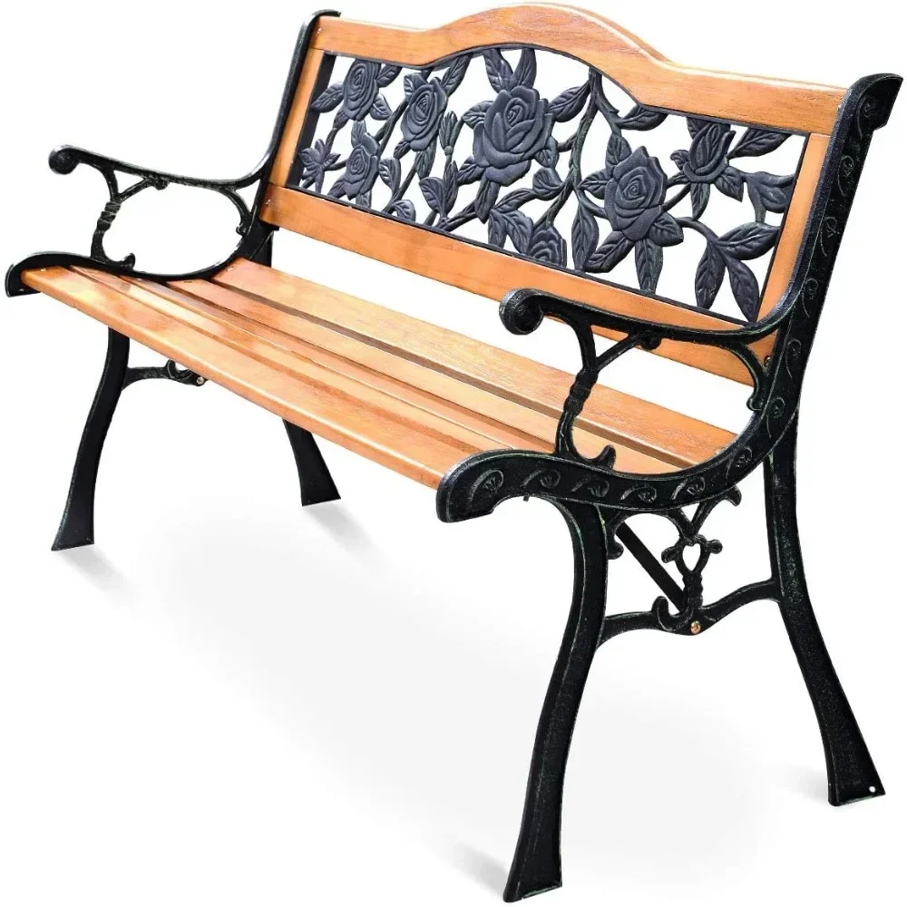 

Outdoor Garden Bench, Patio Bench with Large Rose Cast Backrest & Comfort Wood Seat