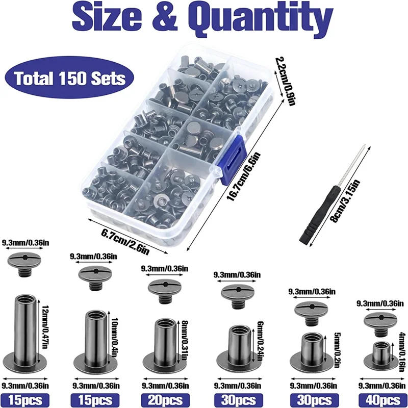 Ultra 150Sets Chicago Screws Assorted Kit 6 Sizes Round Flat Head Leather Rivets For Decorate Black