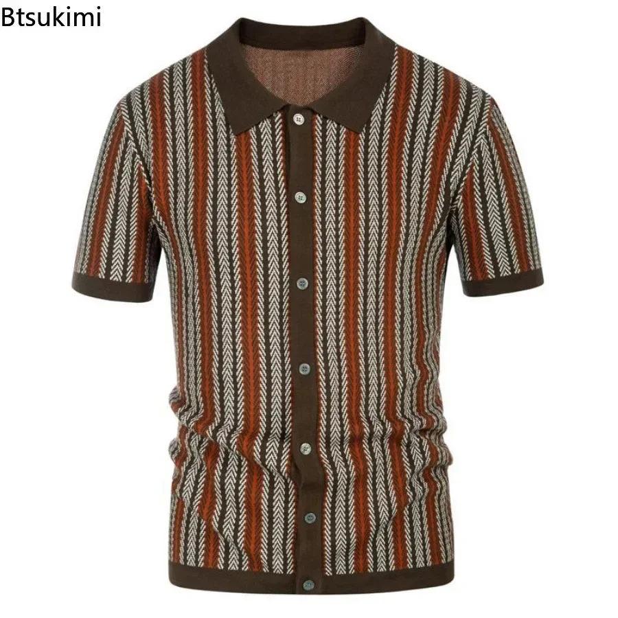 2025 Men's Summer Casual Stripe Shirts Knitted Vintage British Breathable Patchwork Short Sleeve Jacquard Business Polo Shirt