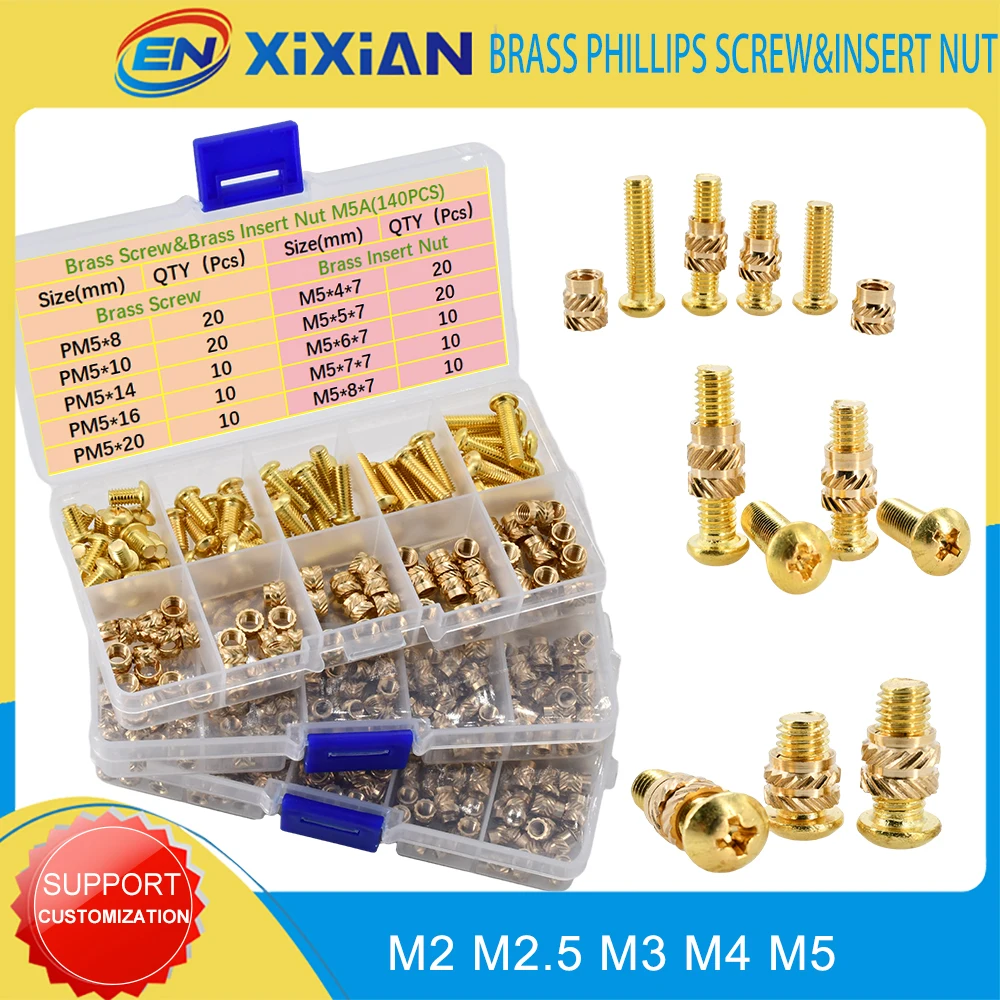 

M2 M2.5 M3 M4 M5 Brass Hot Melt Insert Nut and Phillips Cross Around Head Screws Kit Set Injection Knurling Nuts and Bolts Suite