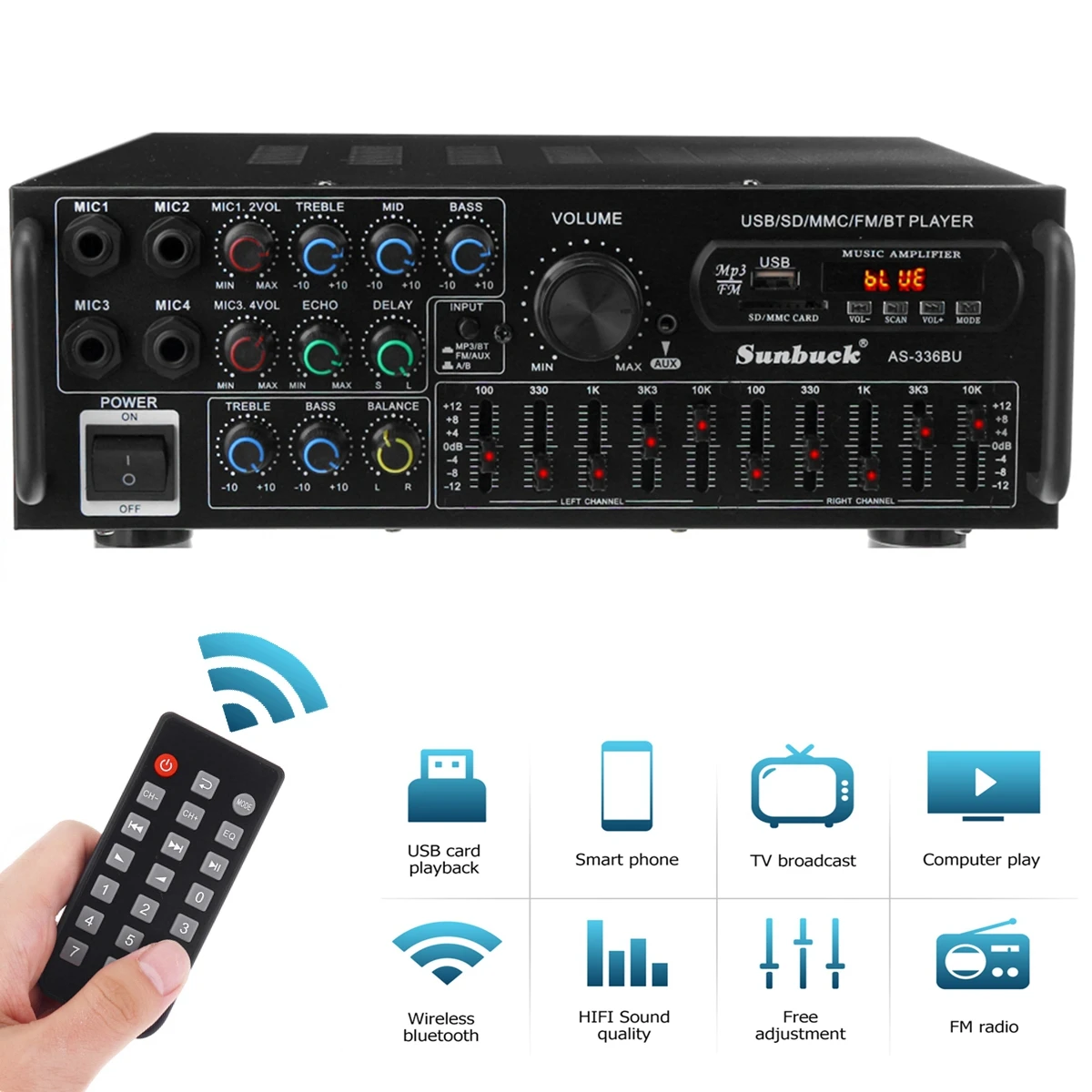 

12V 2000W 4 Way Microphone Input Amplifier Audio Stereo Digital Radio USB SD AMP FM DVD Remote Control bluetooth 5.0 Car Home