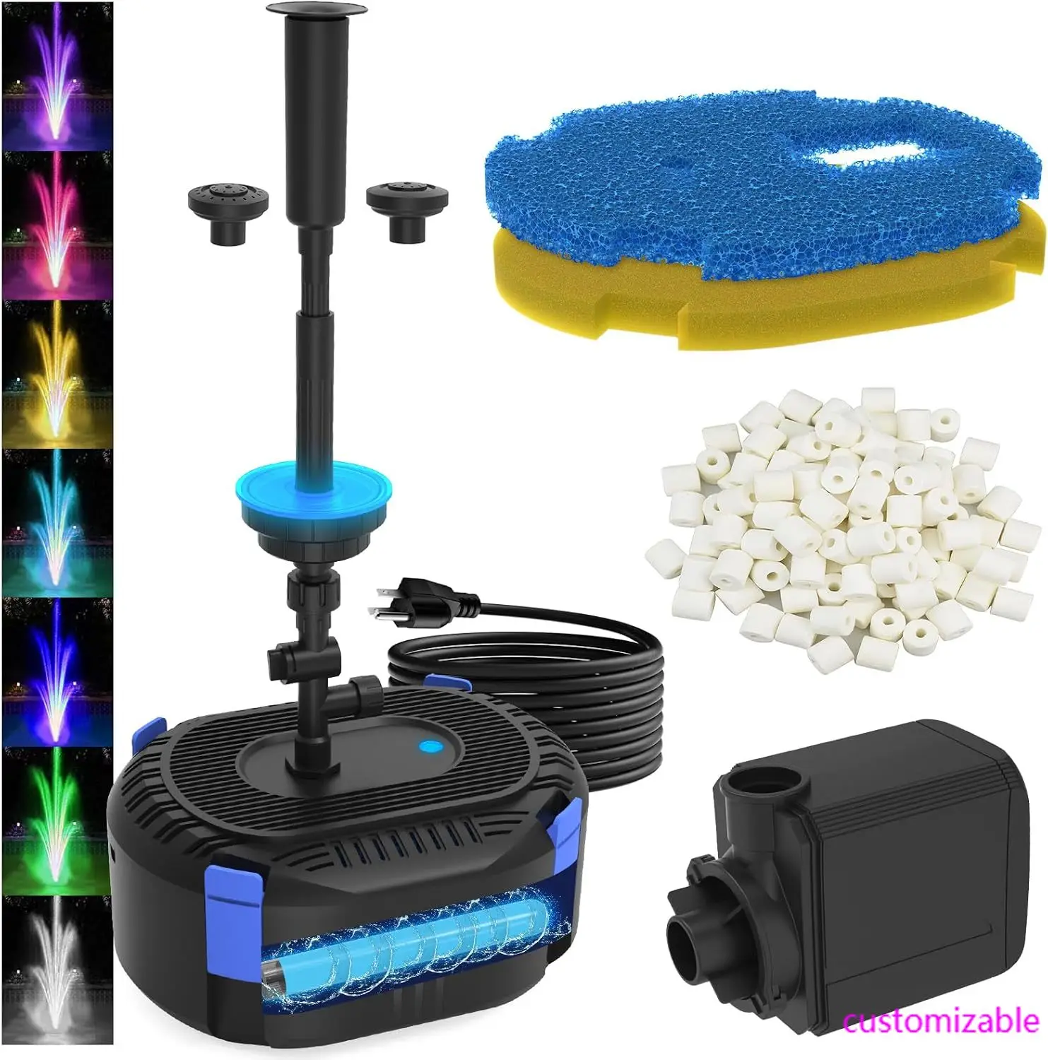 

All-in-One Pond Fountain Kit with Automatic Colorful LED for Outdoor Ponds 500-750 Gal, 850GPH Koi Pond Filter Pump