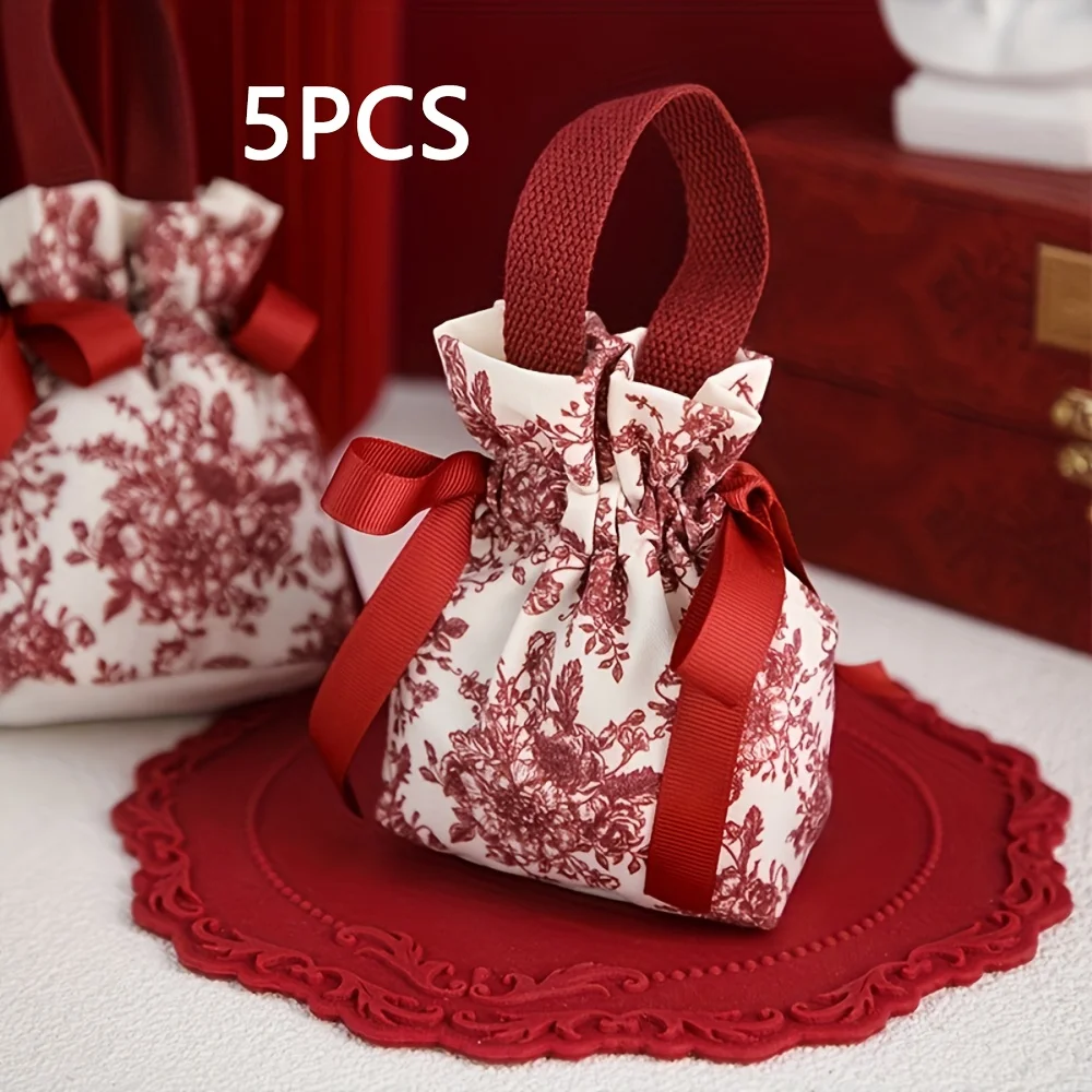 

5pcs Elegant Red Velvet Drawstring Gift Bags with Floral Pattern & Ribbon Bow Reusable Canvas Bags for Candy Wedding Decorations