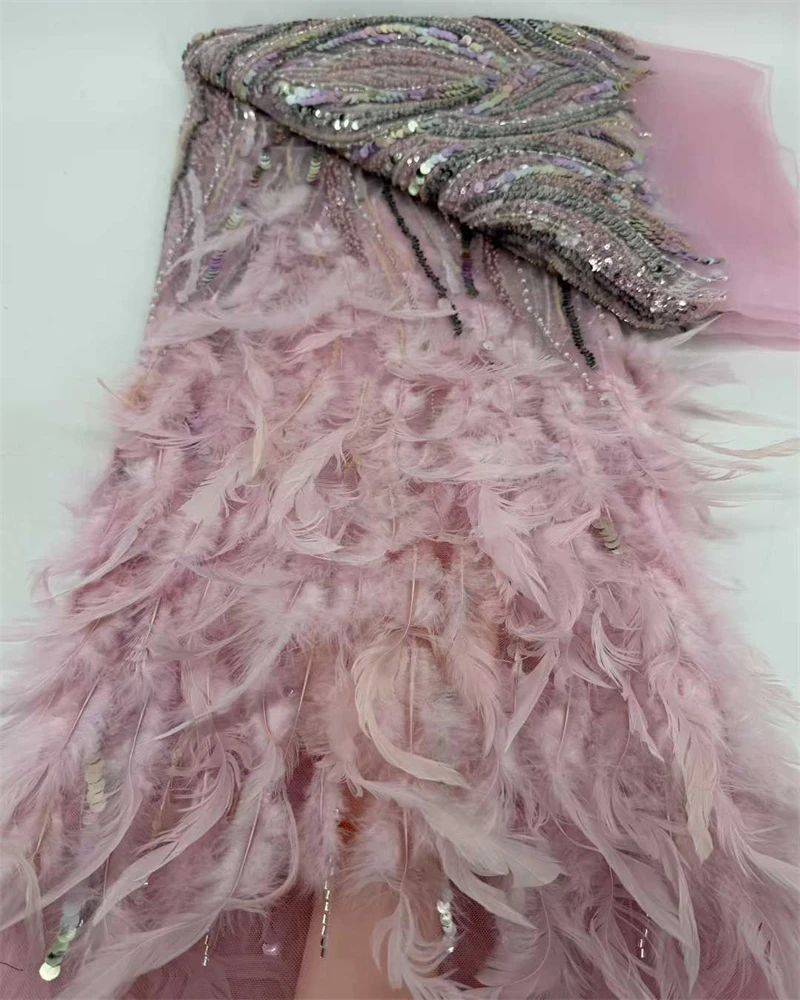 

Newest African Feather Mesh Lace Fabric 2026 French Nigerian Handmade Beaded Sequin Lace Fabric for Ladies Party Dress Sewing