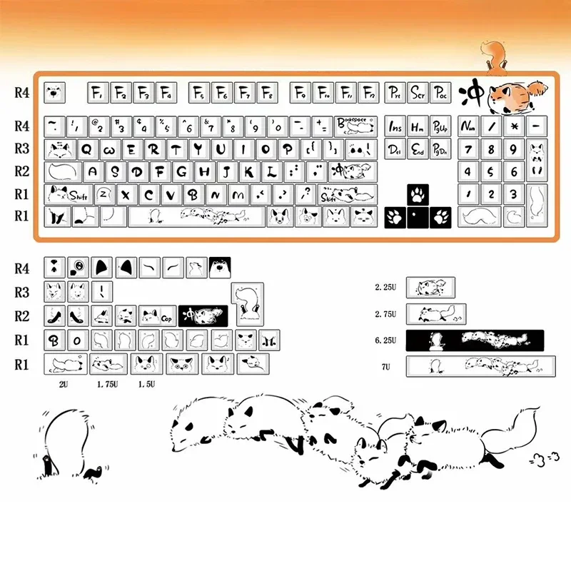 Imagem -06 - Fox Theme Keycaps Perfil Mda Sublimação Material Pbt Adequado para Teclado Mecânico Presentes Preto e Branco