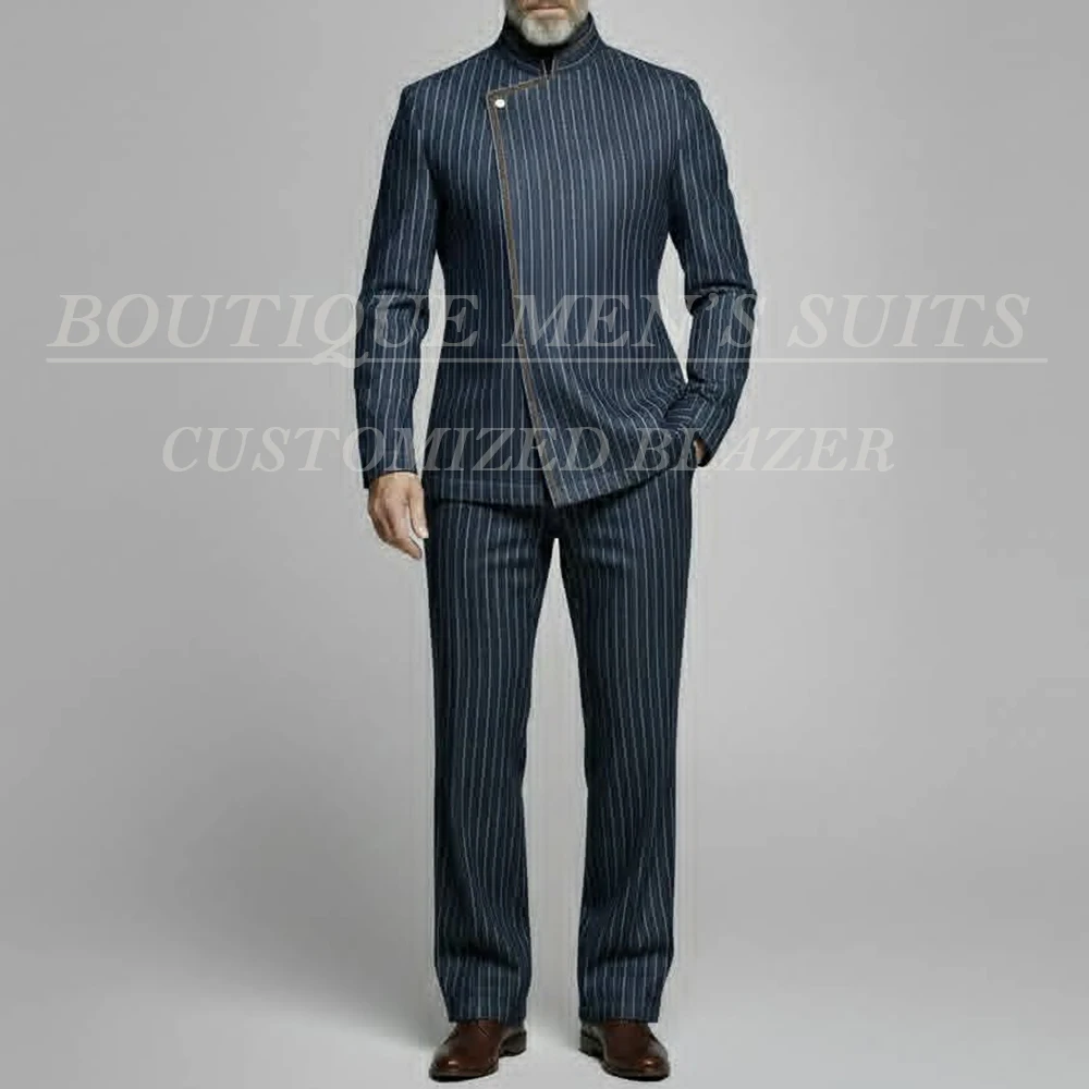 

Formal Pinstripe Men's Suits Straight Single Breasted Stand Lapel Blazer Slim Fit 2 Piece Jacket Pants Tailot-Made Outfits