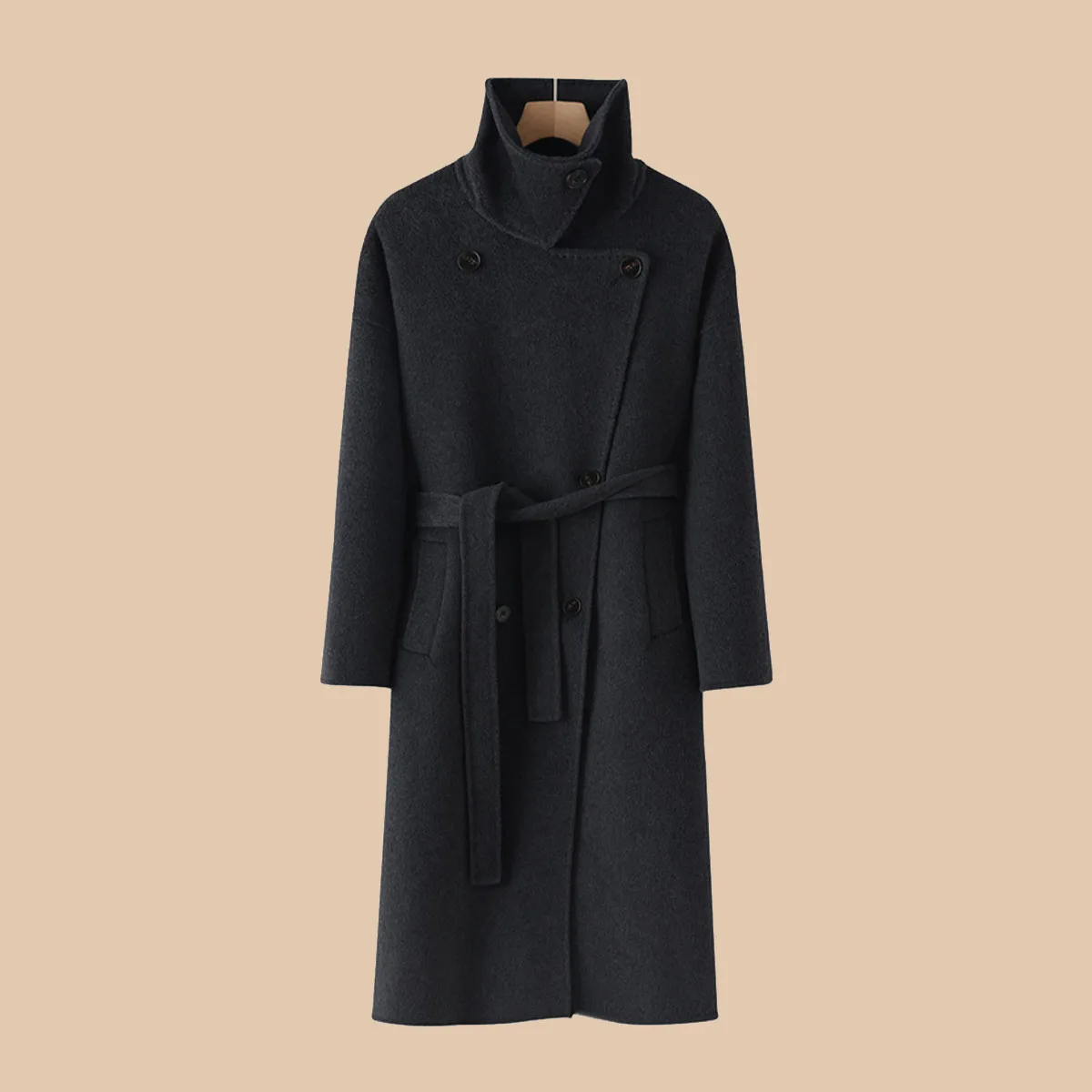 Cappotto da donna elegante in lana di cashmere double face con risvolto e lunghezza media