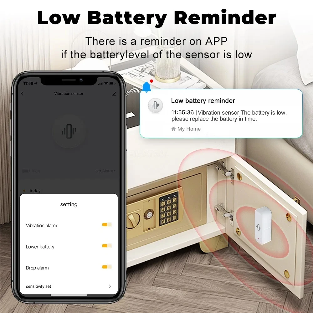 Sensor de vibración inteligente ZigBee, Monitor por aplicación, protección de seguridad para el hogar, alarma de choque de movimiento, compatible con Tuya Smart Life Zigbee2MQTT