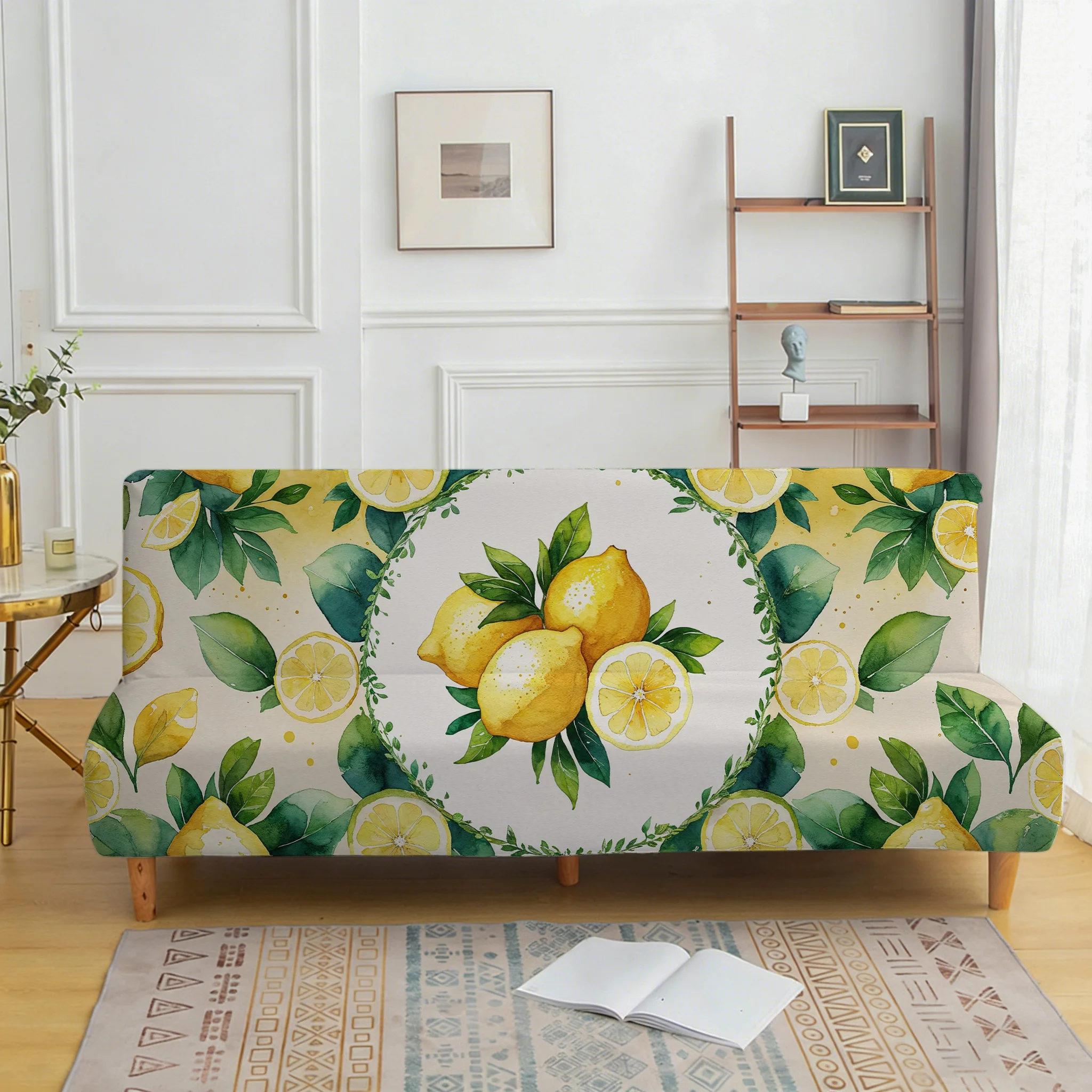 Fresh watercolor lemon sofa bedspread, elastic sleeveless sofa cover, dustproof and non-slip furniture protective cover