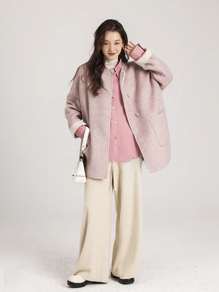 

Двустороннее шерстяное пальто с длинным ворсом, утепленное, средней длины, прямого кроя, в стиле Sweet College, с круглым вырезом, с принтом оленя и птицы.