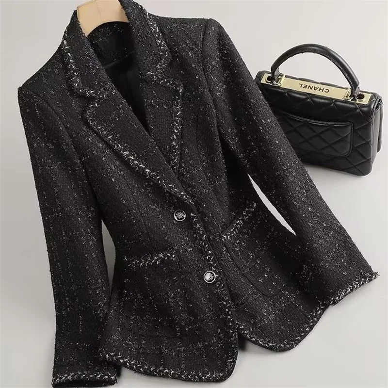 

Spring autumn 2024 New French Luxury Socialite Temperament Black-And-White Lapels And Small Fragrant Tweed Coat Women Blazer
