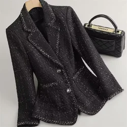 Spring autumn 2024 New French Luxury Socialite Temperament Black-And-White Lapels And Small Fragrant Tweed Coat Women Blazer