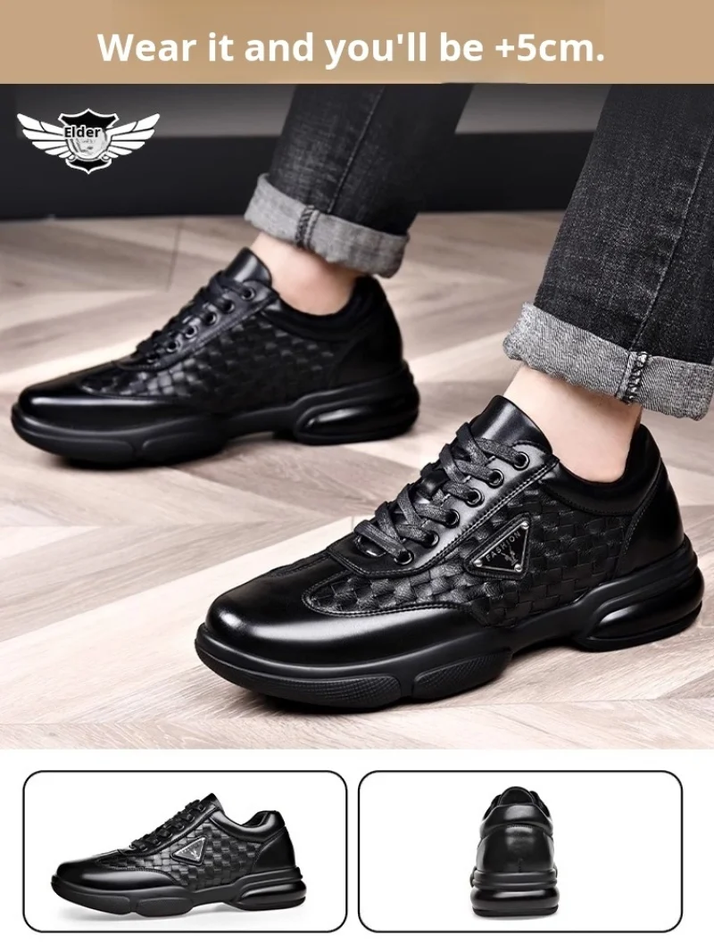 Men\'s Casual Shoes Black Lace Up High Top Soft Bottom Sneakers Leather Soft Side Casual Shoes