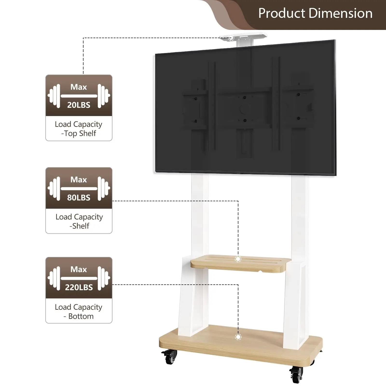 Carrinho de TV móvel para telas de 32 a 75 polegadas, suporte de TV móvel de piso rolante com roda de travamento de prateleira, altura ajustável e resistente