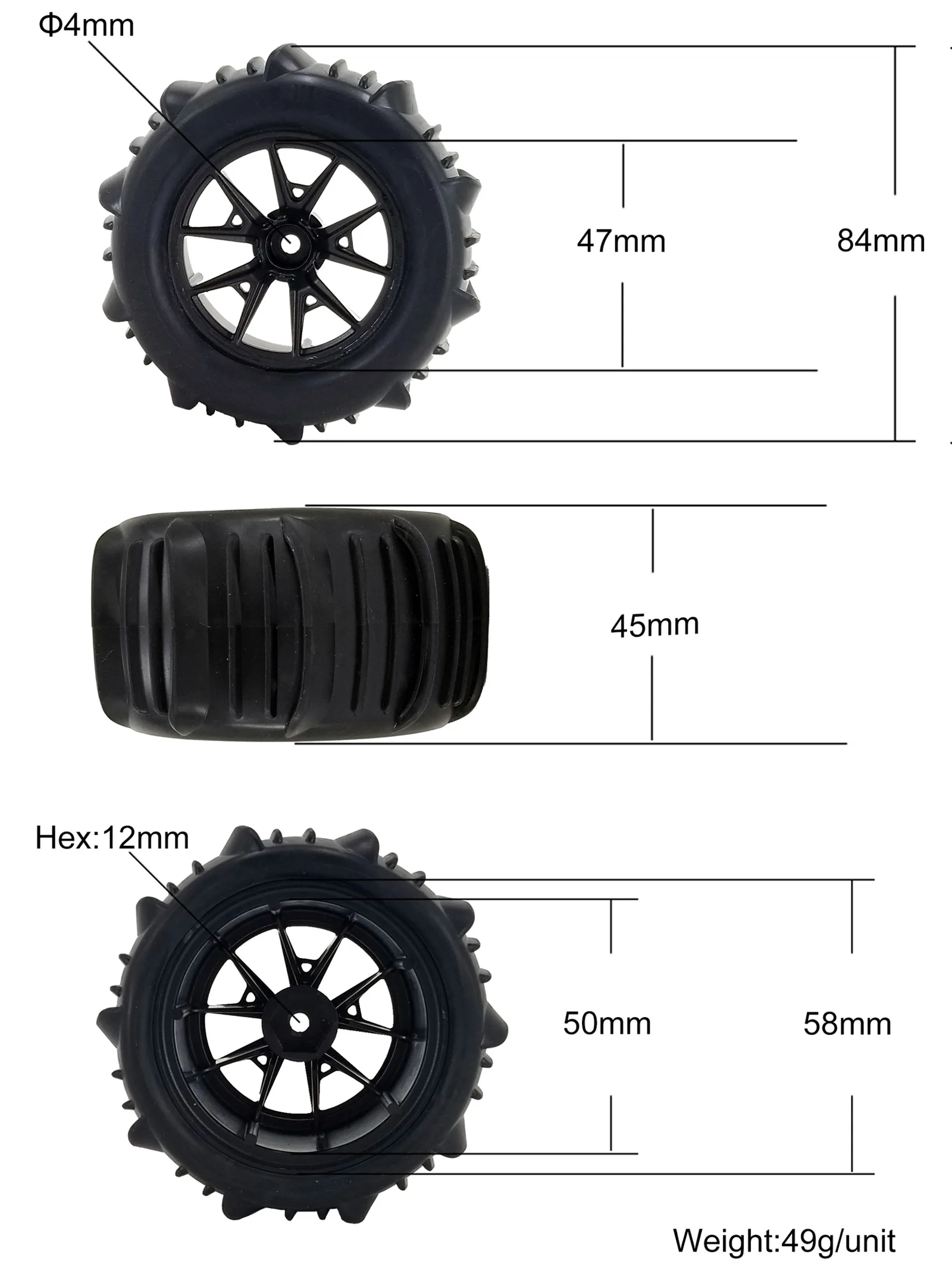 4Pcs Hex Snow Sand Monster Tires Wheel for SCY 16101 16102 144001/124018/124016/124017/H16P/H16E 1/14 1/16 1/18 RC Off-road Car