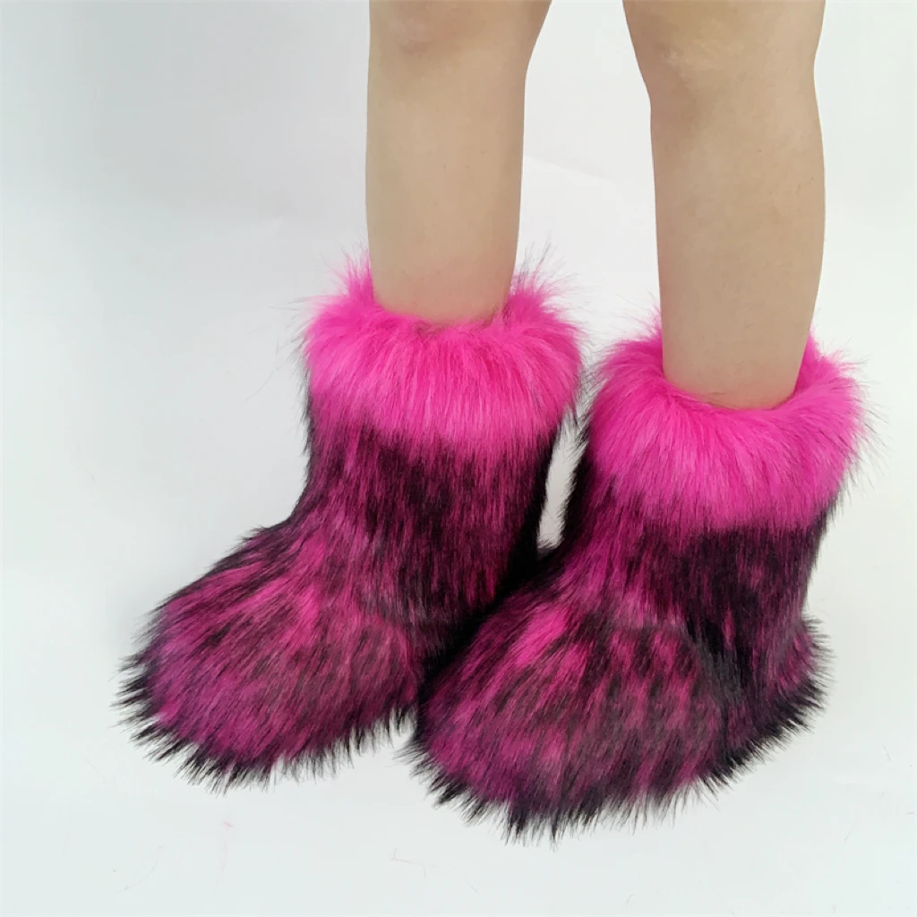 New Winter Fur Onepiece Raccoon Fur Female Snow Boots Fur Shoes Outdoor Mid Leg Boots