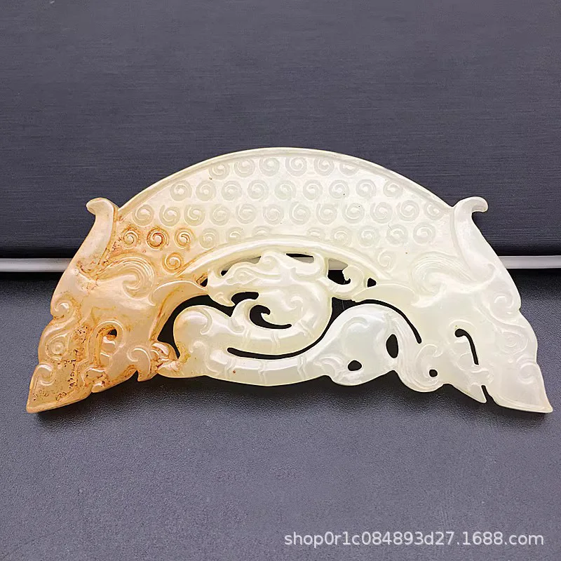 

Natural White Jade Pendant with Dragon Design, Semi-Circular Tadpole Pattern Carved Jade Waist Pendant