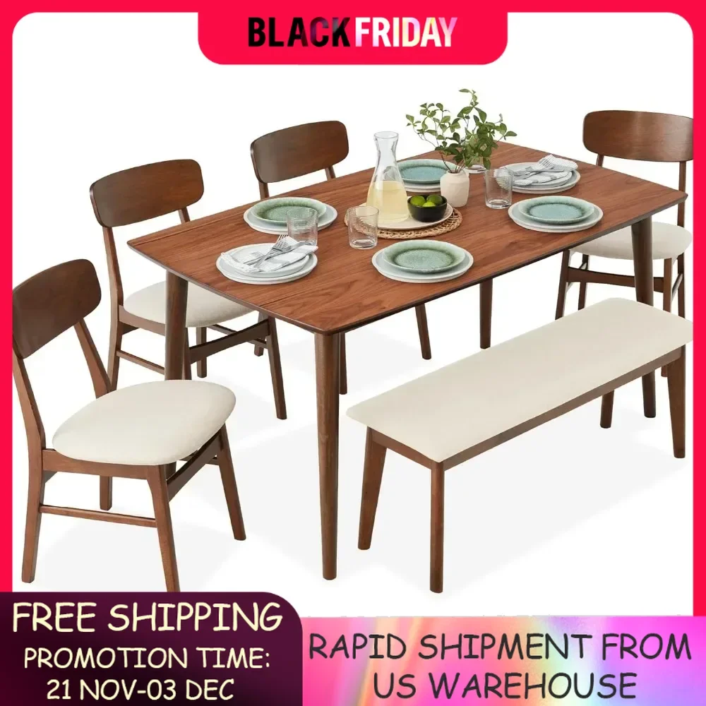 

6-Piece Wooden Dining Set, Mid-Century Modern Table & Upholstered Chair Set w/Bench Seat, Rubberwood Legs - Brown/Cream