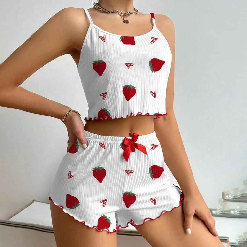 

Женский пижамный комплект, одежда для сна, 2 шт., майки и шорты на бретельках, размеры S M L XL, белый, вентилируемый, мягкий, повседневный, с клубничным принтом Love