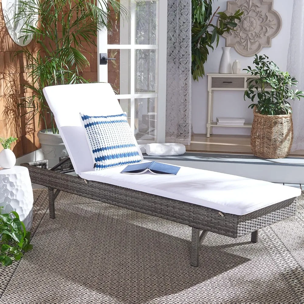 

SAFAVIEH Outdoor Collection Cam Grey Brown Wicker/White Cushion Adjustable Chaise Lounge Chair, Black/Beige (PAT7501C)