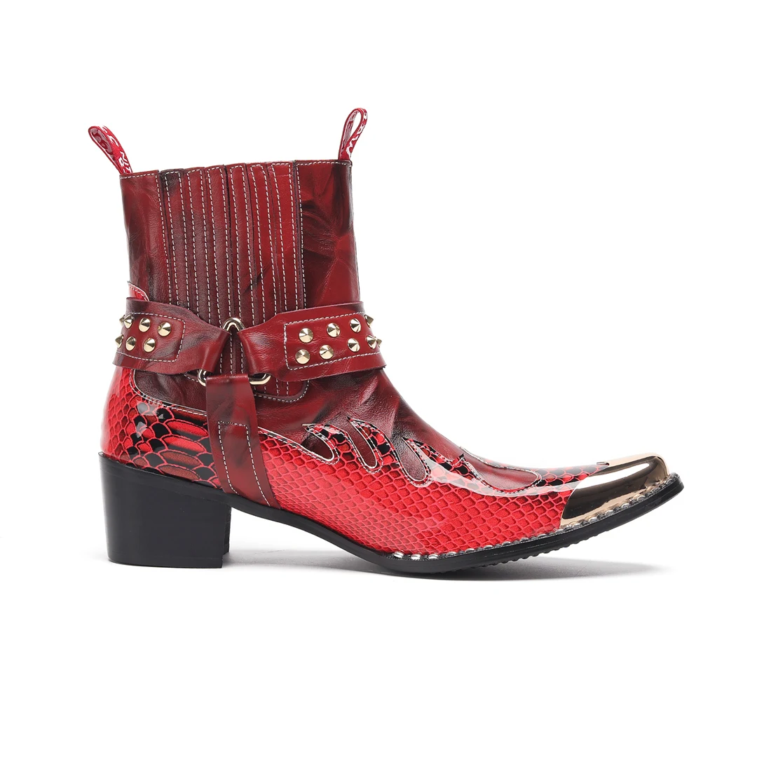 Herren-Designer-Stiefeletten aus echtem Leder mit Metallspitze, Nieten-Dekor und Print, Übergrößen, Cowboy-Motorrad-Schuhe für Business – Detail 2