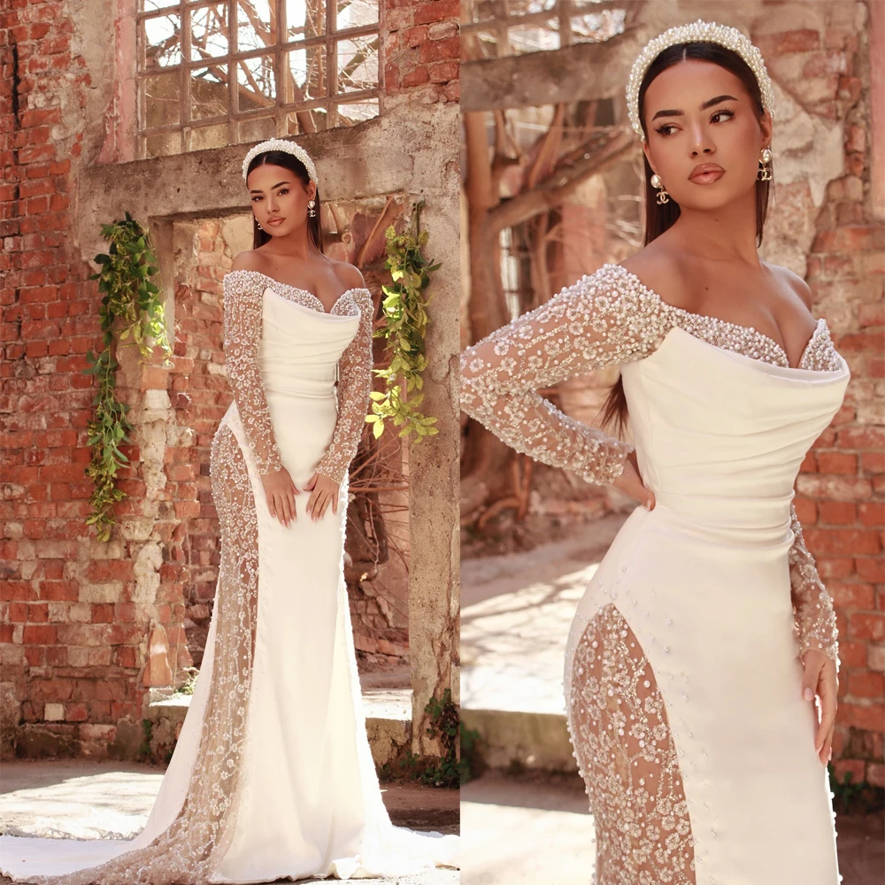 

Modern Sequins Pearls Wedding Dresses Off Shoulder Mermaid Bridal Gowns Illusion Long Sleeves Customized Vestidos De Novia