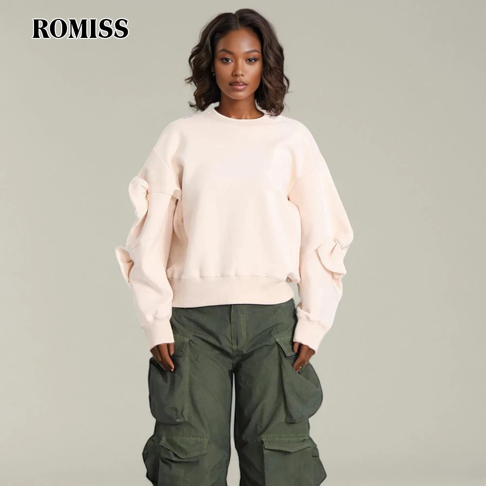 ROMISS Solid Patchwork Bowknot Casual Sweatshirts For Women Round Neck Long Sleeve Minimalist Loose Pullover Sweatshirt Female