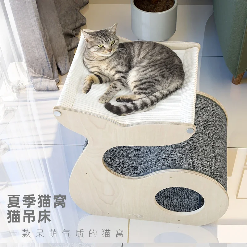 The product can be customized. Cat nest summer and winter solid wood double layer, semi-closed cat house