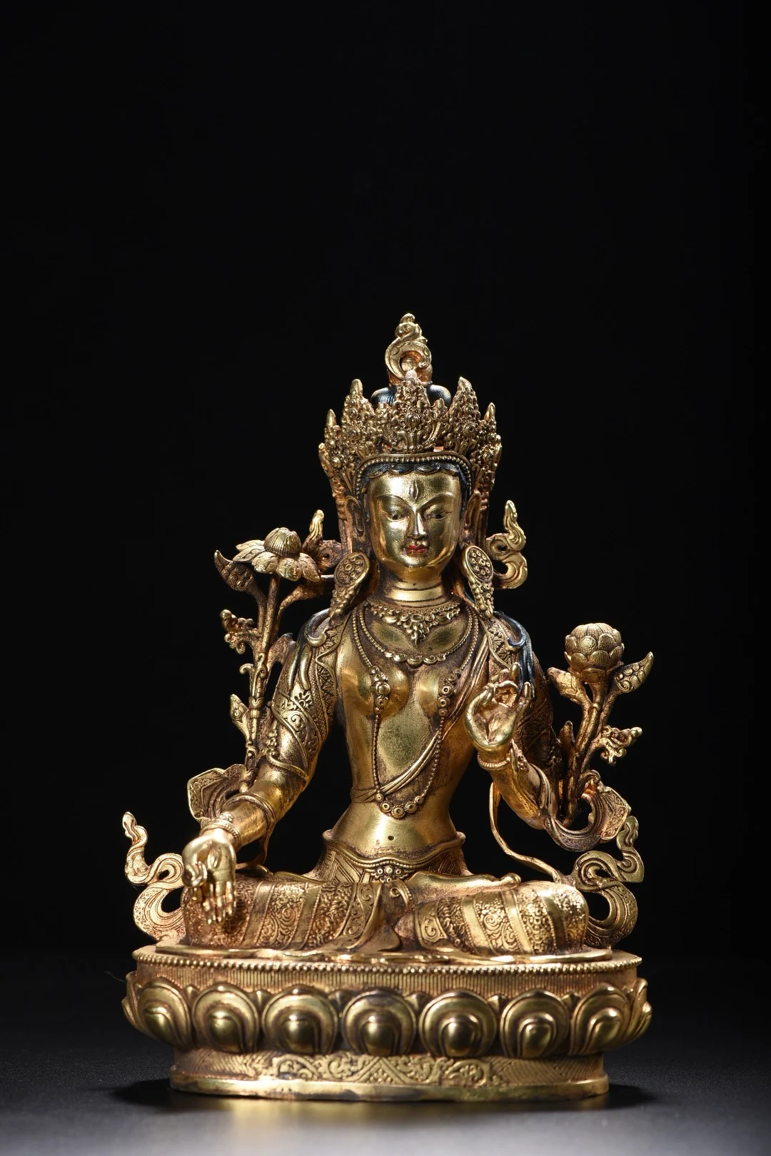 

9"Tibetan Temple Collection Old Purple Bronze Gilded True Gold Face Painting White Tara Lotus Sitting Buddha Worship Hall