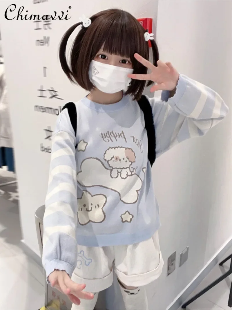 Japanese Cute Shorts Set Autumn Winter New Fashion Water Blue Round Neck Long-sleeved Sweater Knitted Top Shorts Girl 2piece Set