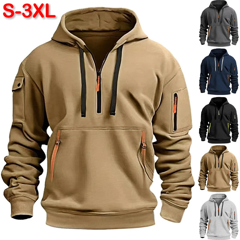 

Men's clothing autumn and winter American hooded sweatshirt with half zipper and multiple pockets men's pullover and sportswear