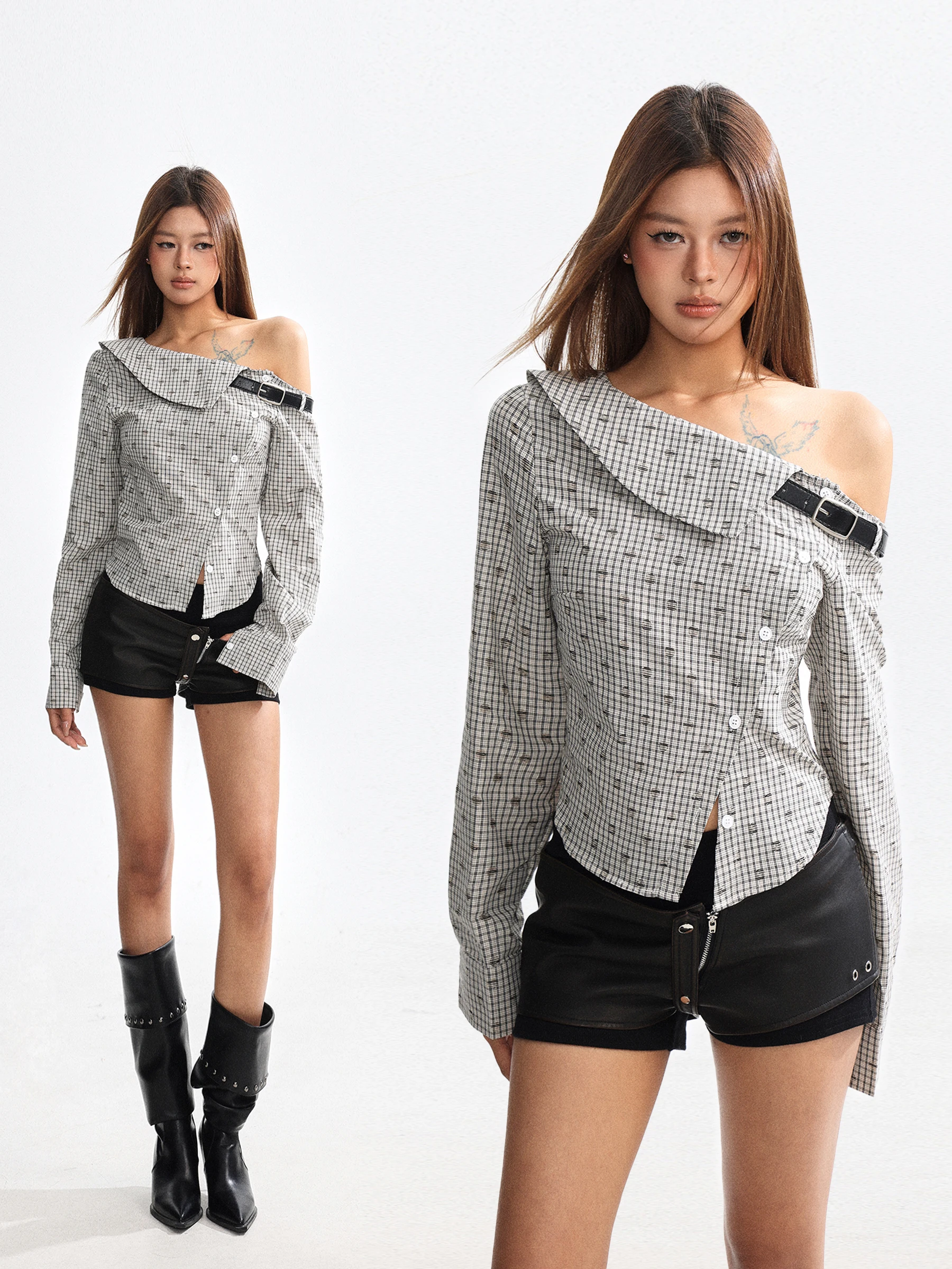 

Sle oulder Bared Long Sve Women's irt Slim Fit Plaid Spring Casual Faion Trendy Young Girl's Top