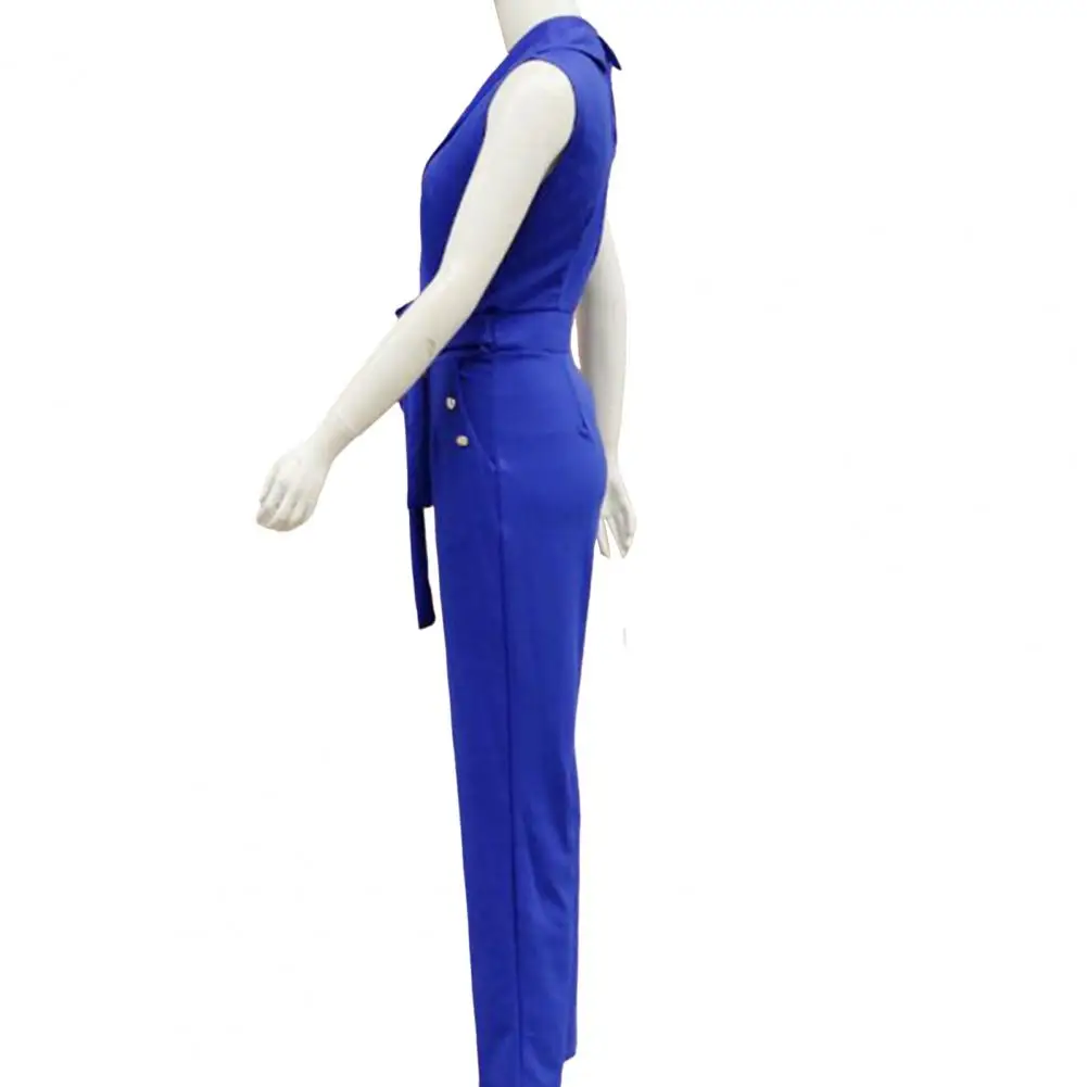 V-neck Slim Fit Jumpsuit Elegant V Neck Jumpsuit with Lace-up Strap Wide Leg Design for Women Formal Business Style Summer