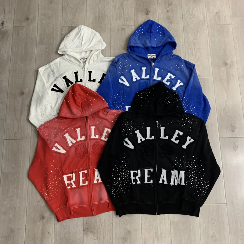 VALLEY Oversized Vintage Graffiti Cursive Text Zip Hoodie All Over Print Fit Y2K Hip Hop Sweatshirt Men's Clothing