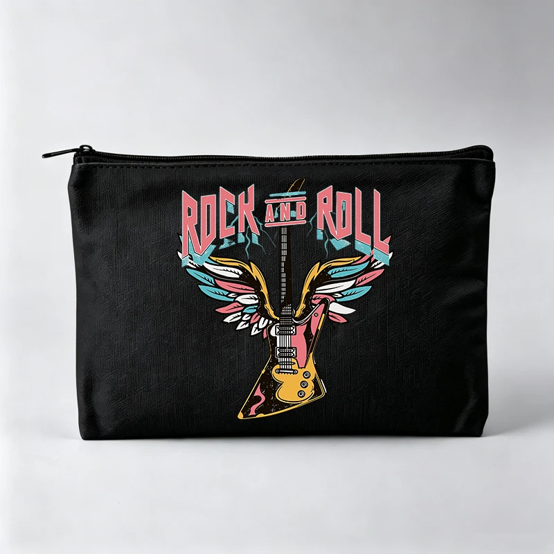 Women's Rock Music Graphic Makeup Bag with Winged Guitar Design, Zipper Cosmetic Pouch for Daily Use