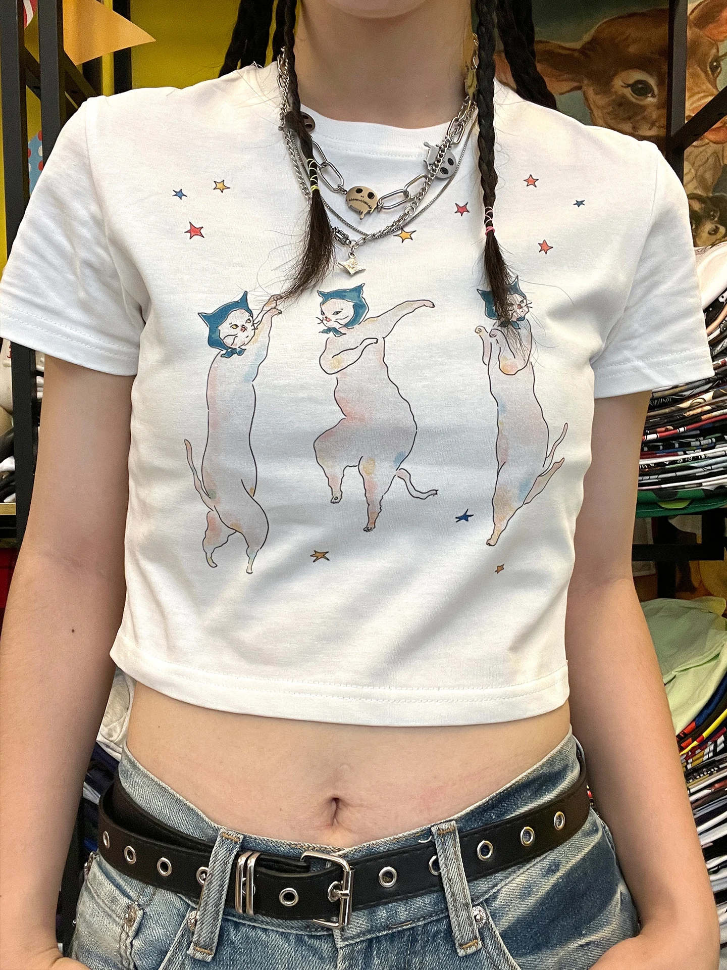 Wang Youbing Studio Recommended Ins Harajuku Style Slim Fit Three Stars Rabbit Y2K Half Sleeve Fashionable Clothing Accessory