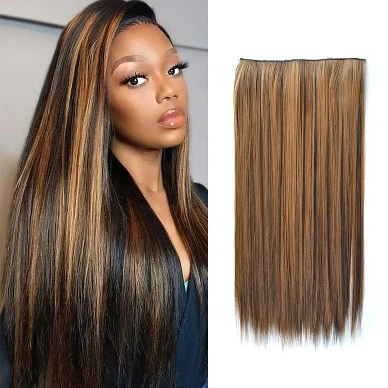

24-дюймовые Синтетические длинные прямые накладные волосы с 5 зажимами, цельнокроеные накладные волосы для женщин, светлые накладные волосы с эффектом омбре